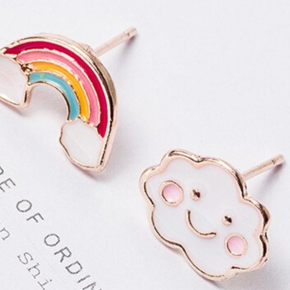 Brand new ADORABLE asymmetric tiny stud earrings: rainbow and cloud - Picture 2 of 3